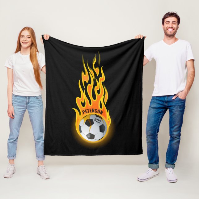 Personalized Soccer Ball in Flames Team Player Fleece Blanket (In Situ)