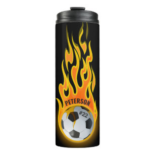 Personalized Soccer Ball in Flames Team Player Thermal Tumbler