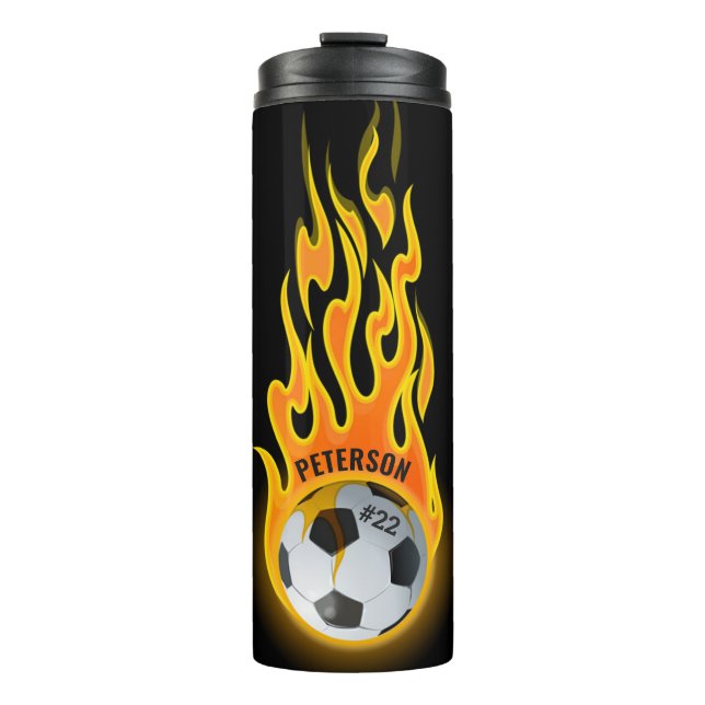 Personalized Soccer Ball in Flames Team Player Thermal Tumbler (Front)