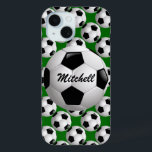 Personalized Soccer Ball on Football Pattern iPhone 15 Case<br><div class="desc">A football soccer ball design which is fully customizable with your own name or text. The background features a pattern of soccer balls on a football pitch green. Ideal for any soccer player, football coach or soccer fan. Other colour combinations of soccer team colours are available in our store and...</div>