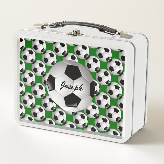 Personalized Soccer Ball on Football Pattern Metal Lunch Box (Front)