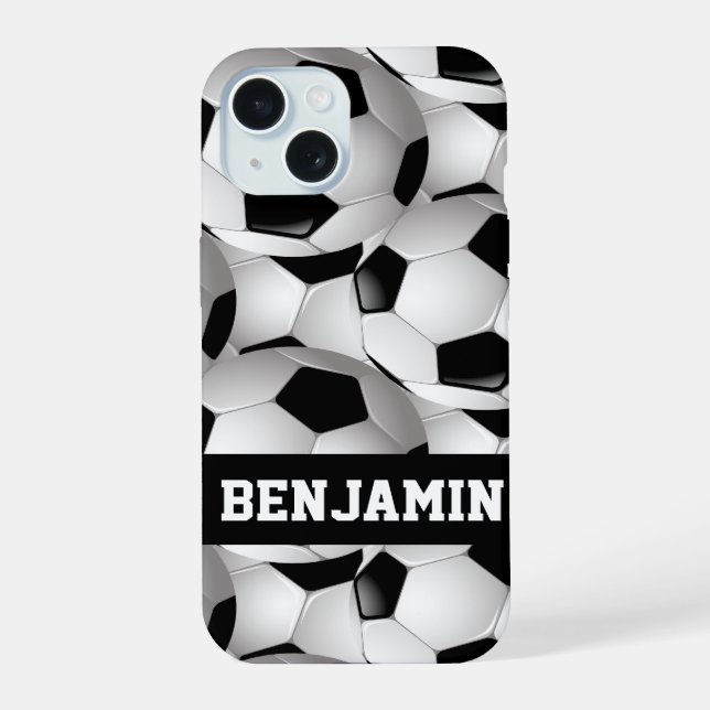 Personalized Soccer Ball Pattern Black White iPhone 15 Case (Back)