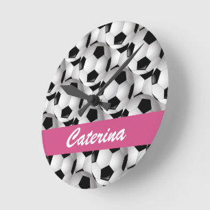 Personalized Soccer Ball Pattern Pink Round Clock