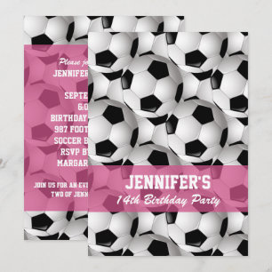 Personalized Soccer Ball Pattern v2 Pink Birthday Invitation