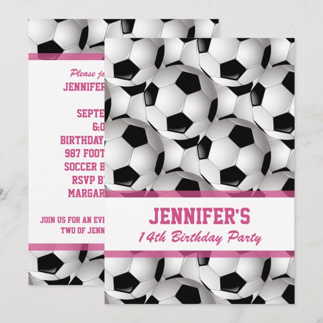 Personalized Soccer Ball Pattern v3 Pink Birthday Invitation (Front/Back)