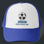 Personalized Soccer Ball with Team Name and Number Trucker Hat<br><div class="desc">This personalized soccer ball design features a black and white soccer ball and lines of text to customize - your player or coach's name, jersey number, team name, etc. You can also change the background colour to match your team colour - just click on "customize" and then the small eye...</div>