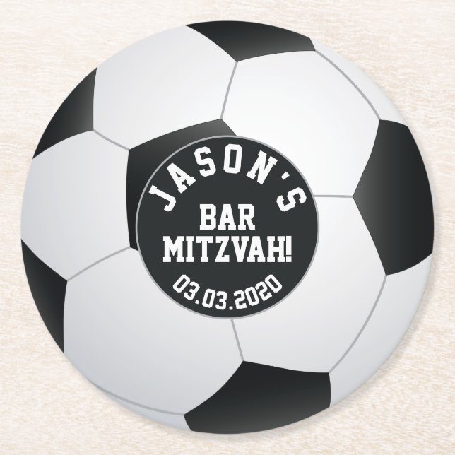Personalized Soccer Bar Mitzvah Black White Round Paper Coaster (Front)