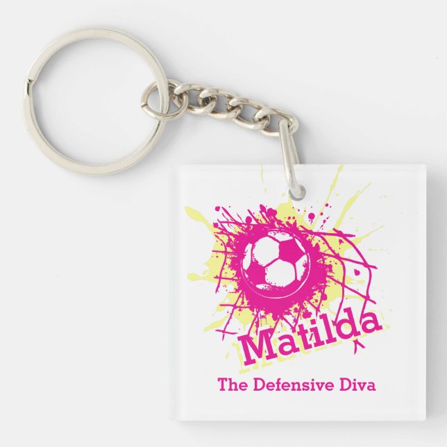 Personalized soccer defensive girls pink team keychain (Front)