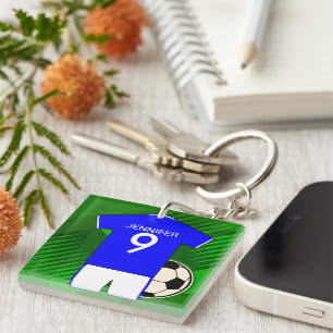 Personalized Soccer Jersey Blue and White Keychain