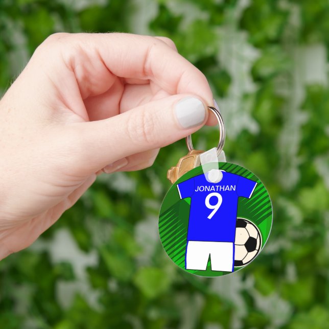 Personalized Soccer Jersey Blue and White Keychain (Hand)