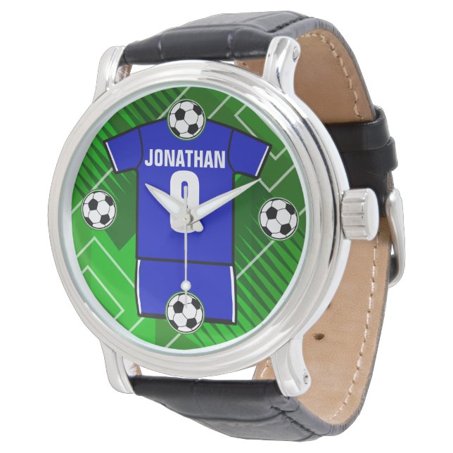 Personalized Soccer Jersey Blue with White Watch (Angled)