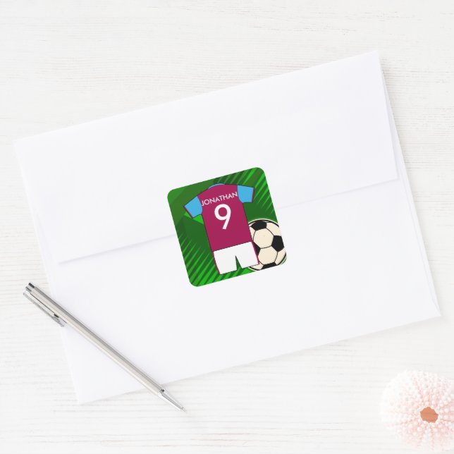 Personalized Soccer Jersey Claret and Blue Square Sticker (Envelope)