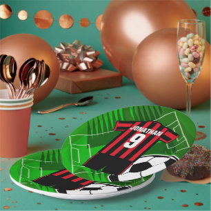 Personalized Soccer Jersey Red and Black Stripes Paper Plate