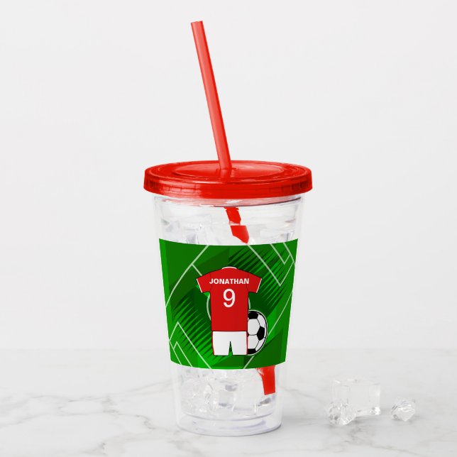 Personalized Soccer Jersey Red and White Acrylic Tumbler (Front Ice)