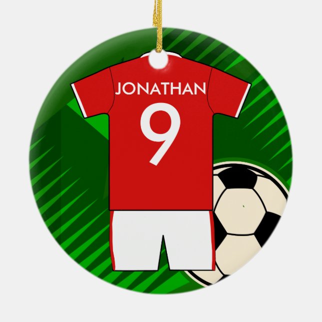 Personalized Soccer Jersey Red and White Ceramic Ornament (Back)