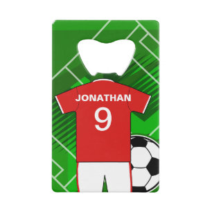 Personalized Soccer Jersey Red and White Credit Card Bottle Opener