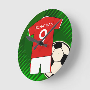 Personalized Soccer Jersey Red and White Round Clock