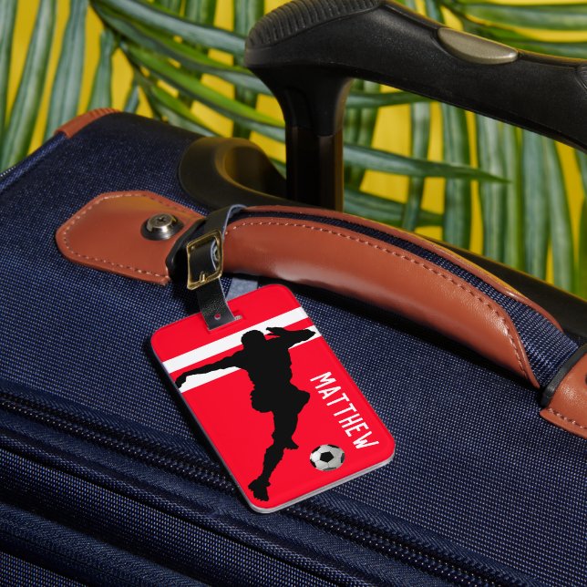 Personalized Soccer Mad | Footballer Red Travel Luggage Tag (Front Insitu 1)