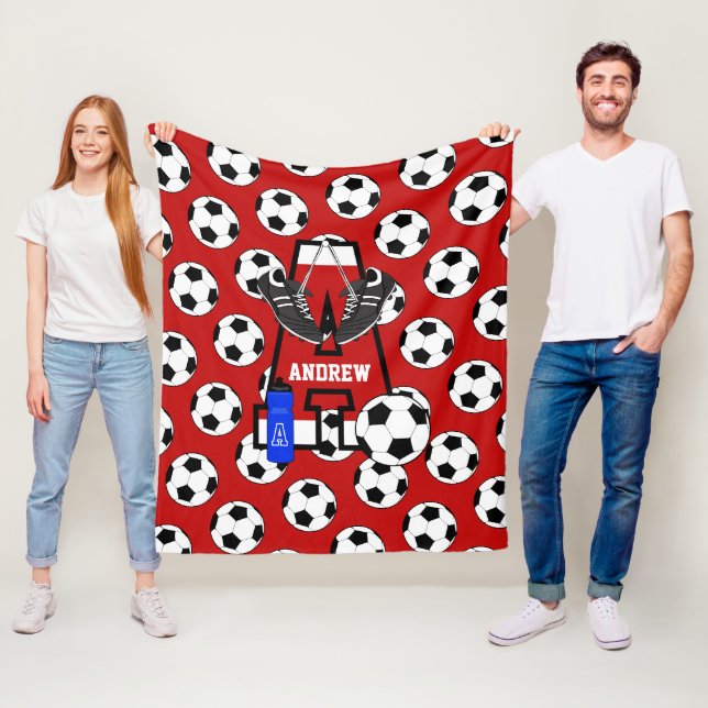 Personalized Soccer Monogram Letter A Fleece Blanket (In Situ)