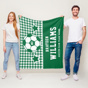 Personalized Soccer Player Name Green Plaid Fleece Blanket