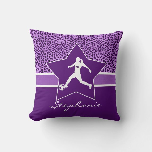 Personalized Soccer Purple Cheetah Print Throw Pillow (Front)