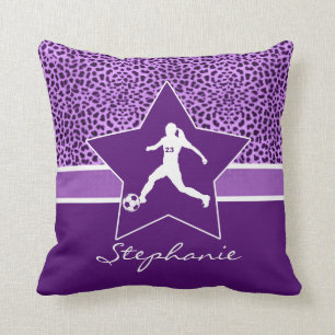 Personalized Soccer Purple Cheetah Print Throw Pillow