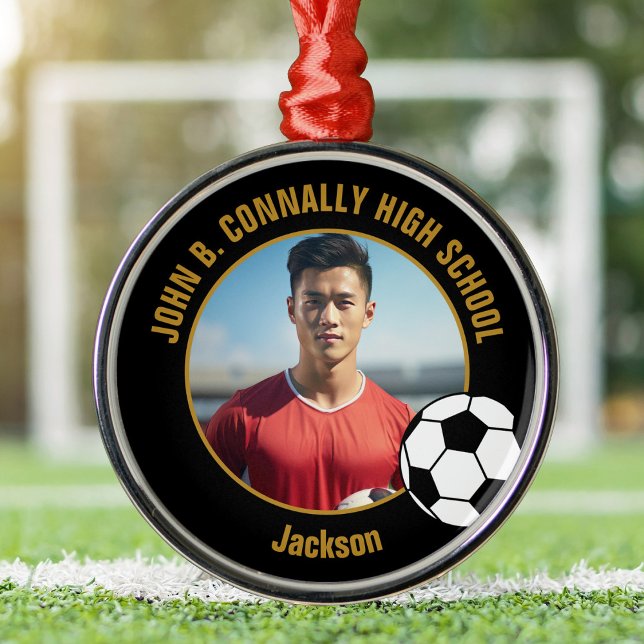 Personalized Soccer Team Player Photo Christmas Metal Ornament (Creator Uploaded)