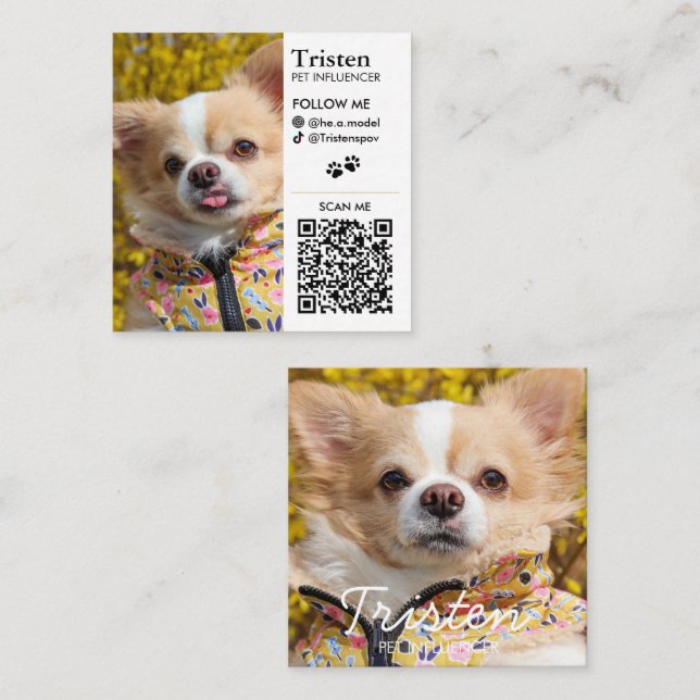 Personalized Social Media Double Photo QR Square Business Card (Front/Back)