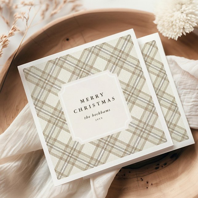 Personalized Soft Beige Gingham Merry Christmas Napkin (Creator Uploaded)