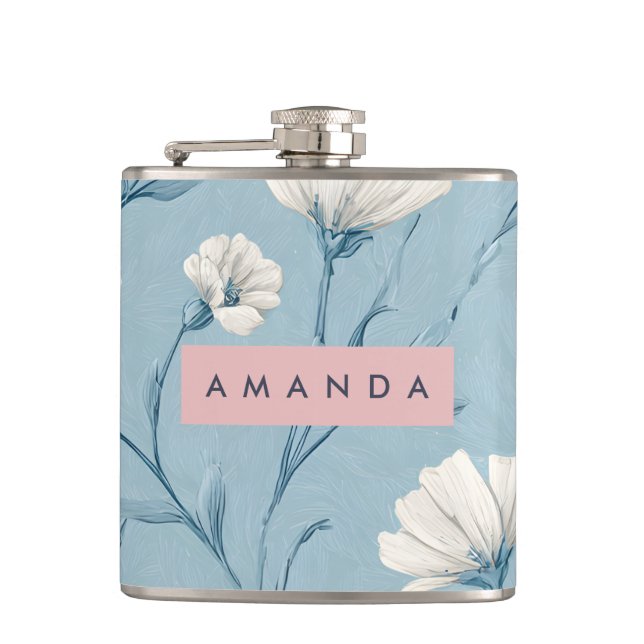 Personalized Soft Blue Wildflower Botanical Style Hip Flask (Front)