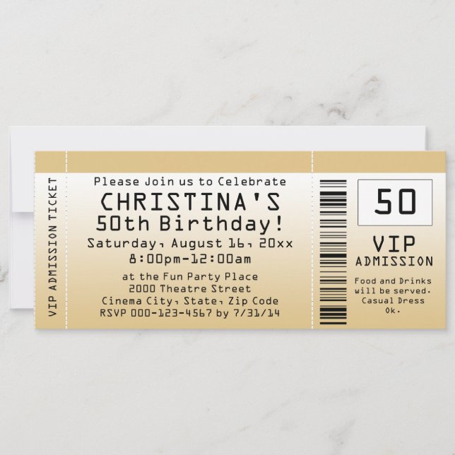 Personalized Soft Gold Custom Birthday Ticket Invitation (Front)