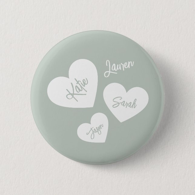 Personalized Soft Green Blue Mother's Hearts 2 Inch Round Button (Front)