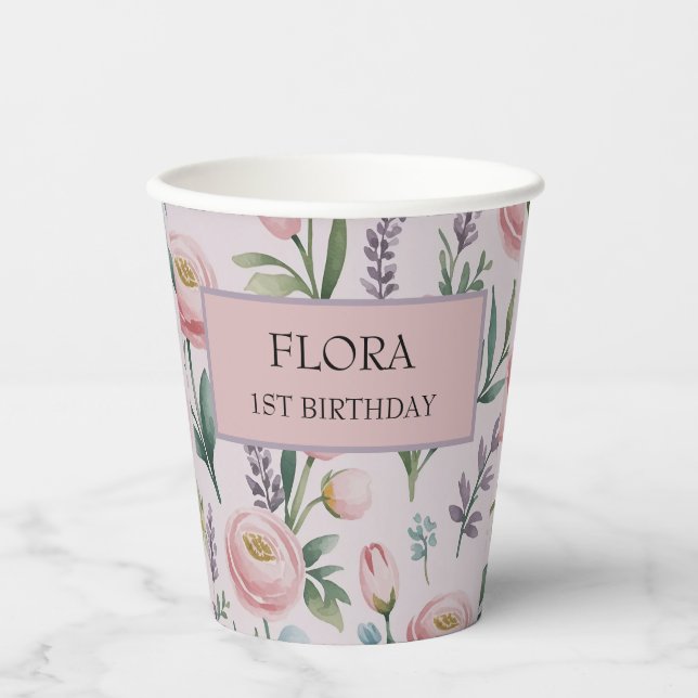 Personalized Soft Pastel Floral Roses & Tulips Paper Cups (Front)