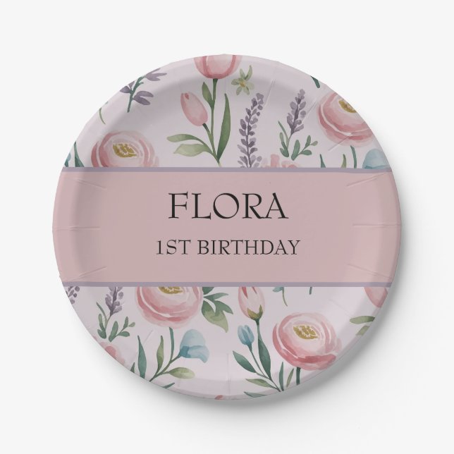 Personalized Soft Pastel Floral Roses & Tulips Paper Plate (Front)