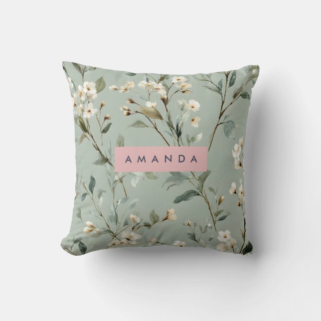 Personalized Soft Pastel Green Flower Design Throw Pillow (Front)
