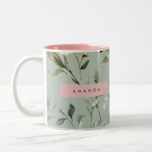 Personalized Soft Pastel Green Flower Design Two-Tone Coffee Mug