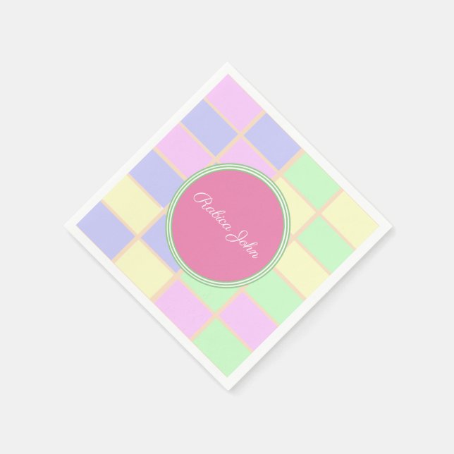 Personalized Soft Pastel Grid Cocktail Napkin (Corner)