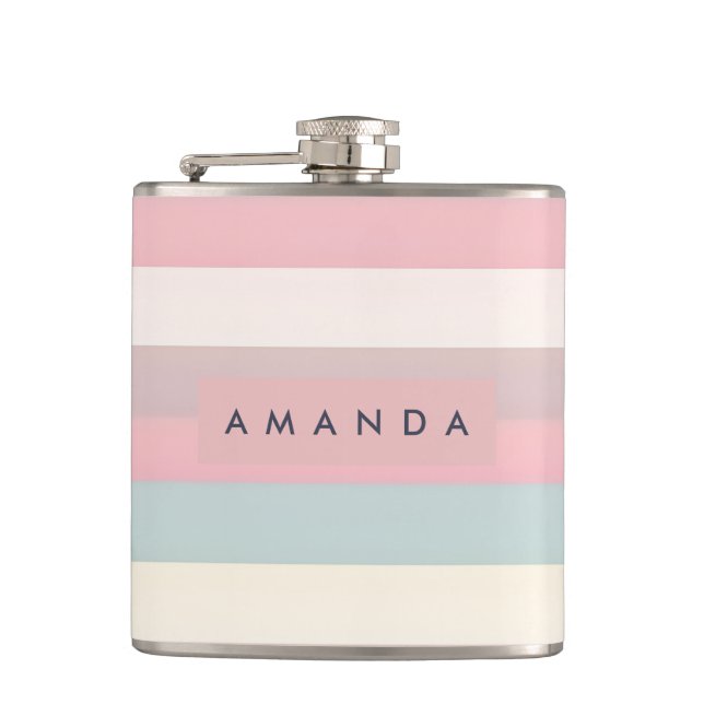 Personalized Soft Pastel Rainbow Stripes Hip Flask (Front)