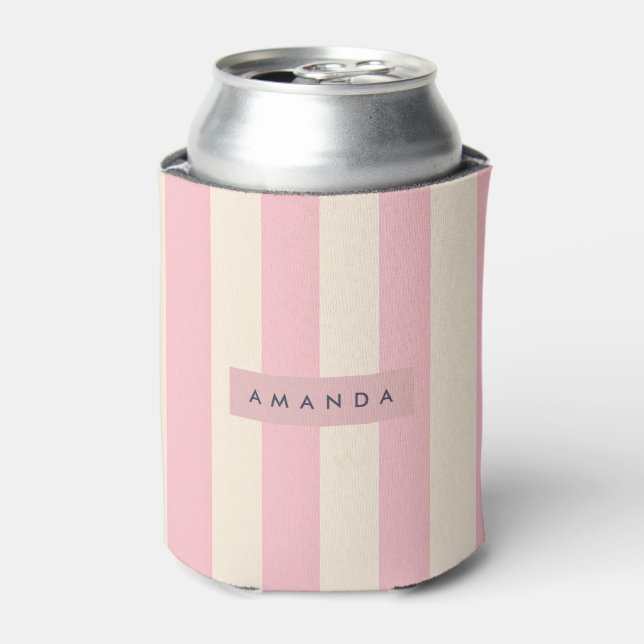 Personalized Soft Pink and Cream Stripe Can Cooler (Can Front)
