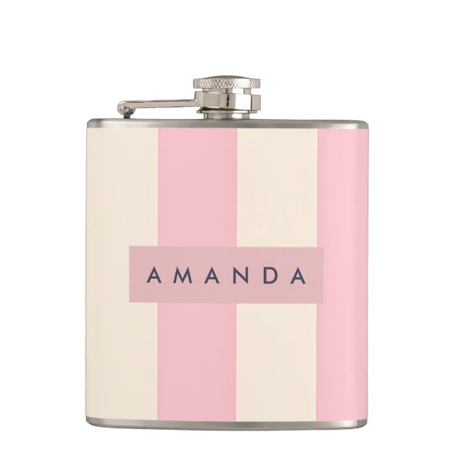 Personalized Soft Pink and Cream Stripe Hip Flask (Front)
