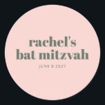 Personalized Soft Pink Green Modern Bat Mitzvah Classic Round Sticker<br><div class="desc">Celebrate this special milestone with a personalized Bat Mitzvah sticker featuring a soft blush pink background and modern typography. Perfect for sealing envelopes,  decorating party favours,  or enhancing event décor,  this stylish sticker adds a custom touch to the celebration. A chic and elegant detail for a memorable occasion.</div>