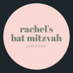 Personalized Soft Pink Green Modern Bat Mitzvah Classic Round Sticker<br><div class="desc">Celebrate this special milestone with a personalized Bat Mitzvah sticker featuring a soft blush pink background and modern typography. Perfect for sealing envelopes,  decorating party favours,  or enhancing event décor,  this stylish sticker adds a custom touch to the celebration. A chic and elegant detail for a memorable occasion.</div>
