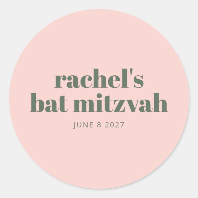 Personalized Soft Pink Green Modern Bat Mitzvah Classic Round Sticker (Front)