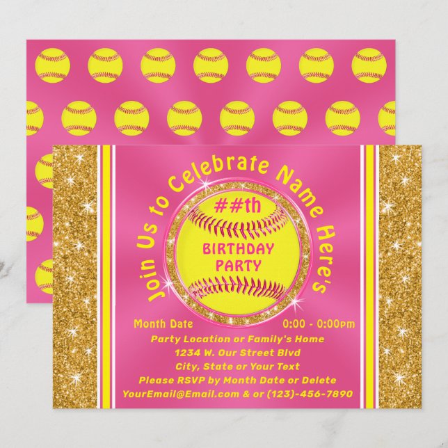 Personalized Softball Birthday Party Invitations (Front/Back)
