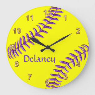Personalized Softball Clocks, Purple Name, Threads Large Clock