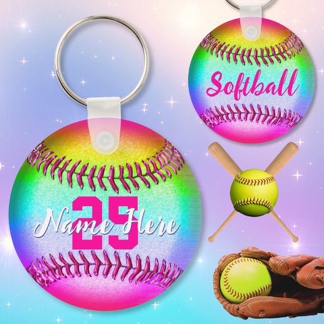 PERSONALIZED Softball Keychains, with Name, Number Keychain (Cheap softball gifts. Softball party favors. End of softball season gifts. Softball birthday Ideas.)