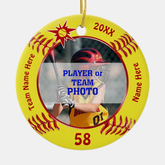 Personalized Softball Ornaments, Your PHOTO, TEXT Ceramic Ornament (Front)