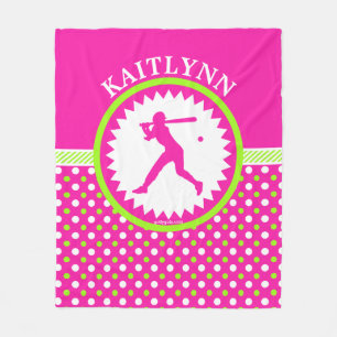 Personalized Softball Pink - Green Polka-Dots Fleece Blanket