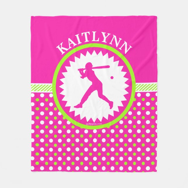 Personalized Softball Pink - Green Polka-Dots Fleece Blanket (Front)