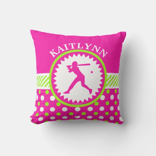 Personalized Softball Pink - Green Polka-Dots Throw Pillow (Front)